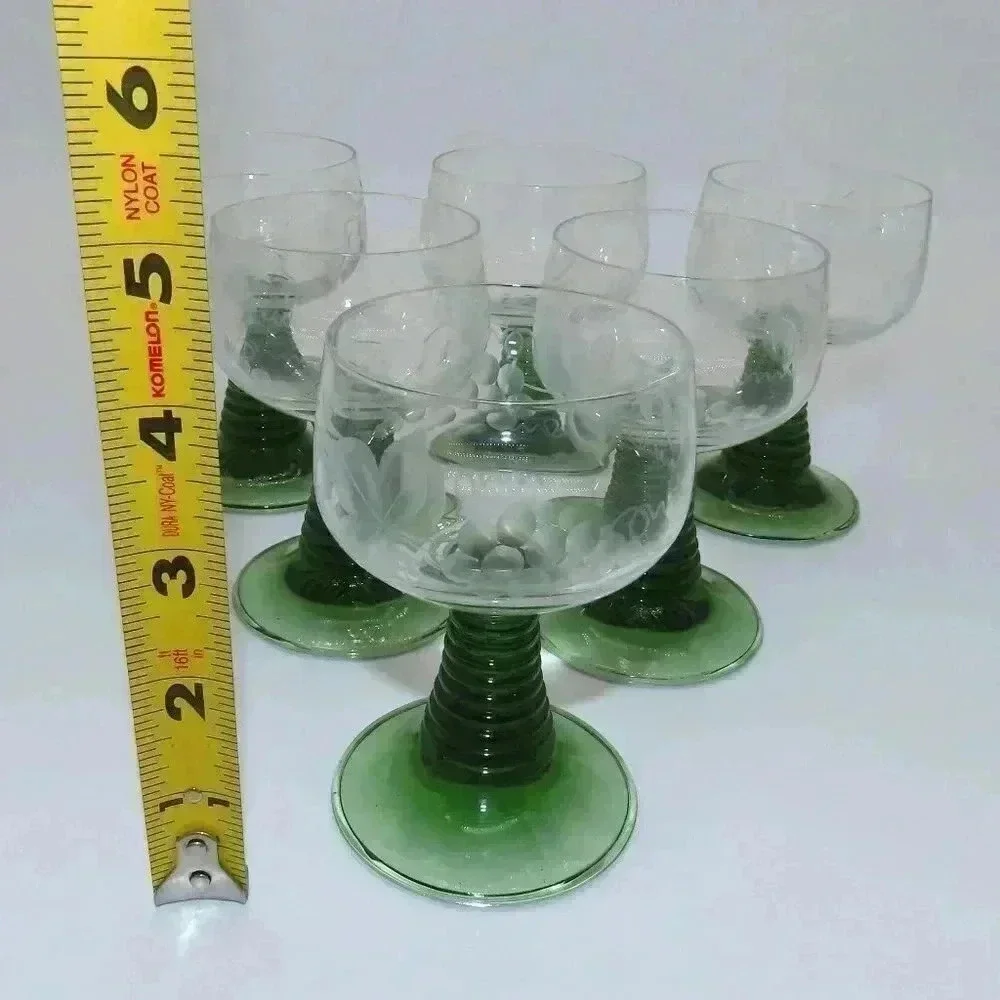 Vintage Green Beehive Stem 4 oz Wine Glass Grapevine Pattern Set of 6